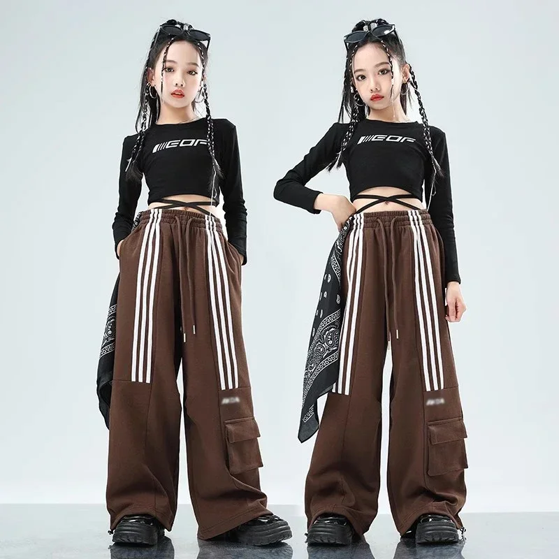 

Детская одежда для джазовых танцев, черные топы в стиле хип-хоп для девочек, свободные брюки с длинным рукавом, одежда для тренировок, костюм для выступлений