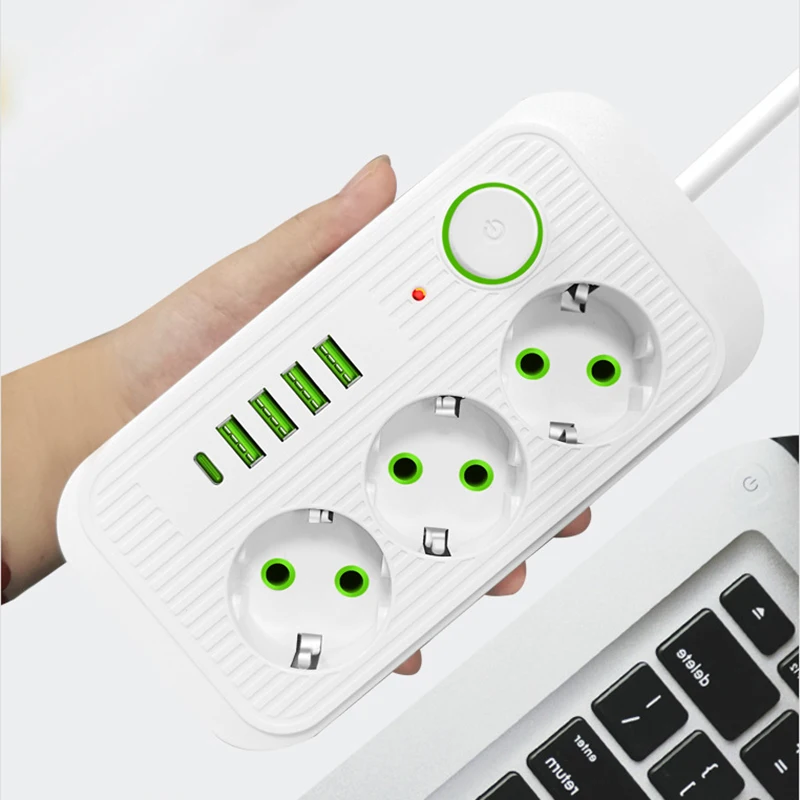 Power Strip EU Plug 2M Extension Cable Multiprise 3AC Outlets Electrical Socket with 4 USB 1 Type-C Network Filter Fast Charging