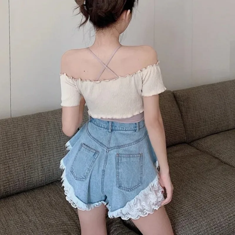 Summer High Waist Lace Hot Shorts Women's Beach Loose Oversize Short Jeans Female Decals Hole Washed Denim Shorts Female Fashion