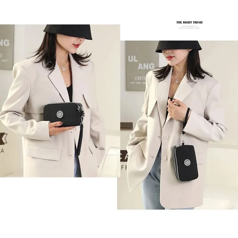 Coin Purse Women Handbag Small Wallet Wrinkle Fabric Phone Purse Three Zippers Portable Make Up Bag