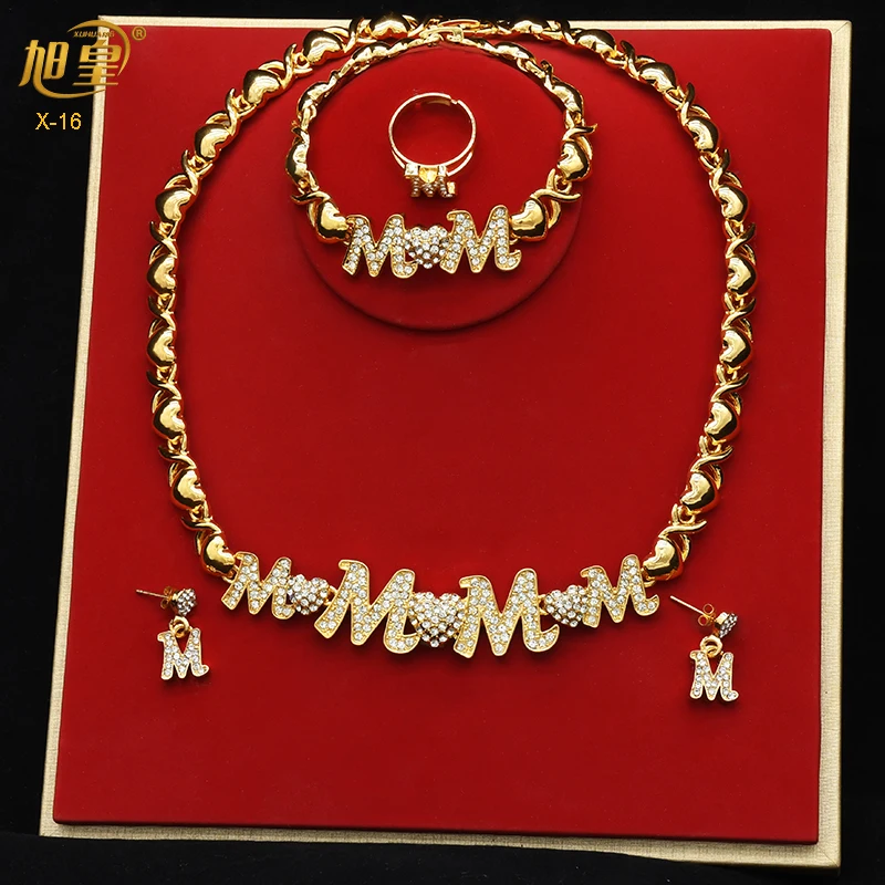 XUHUANG XOXO Women Necklace Set 18K Gold Color Bride M&M Crystal Wedding Necklace Earrings Bracelet Ring Jewelry Set Party Gift 1
