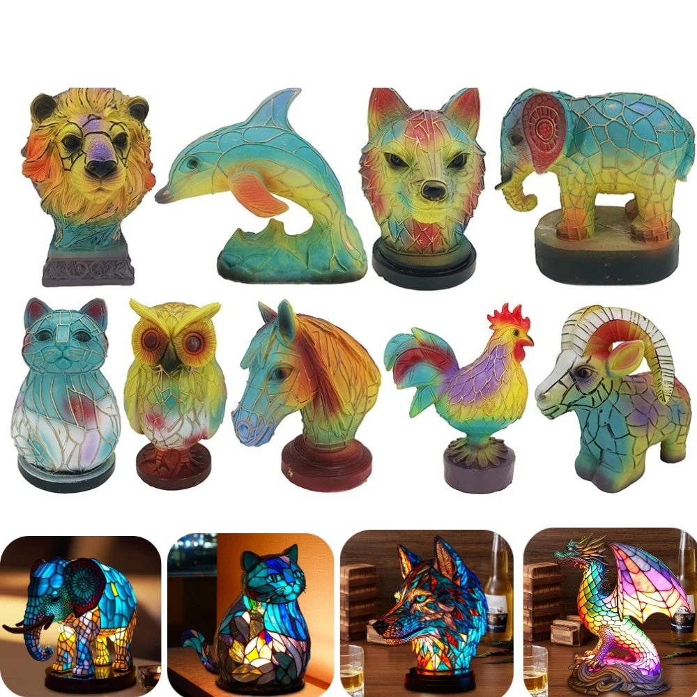 

Stained Glass Bedside Light Lion Dolphin Wolf Owl Horse Rooster Elephant Dragon Cat Animal Table Lamp Series Resin Home Ornament