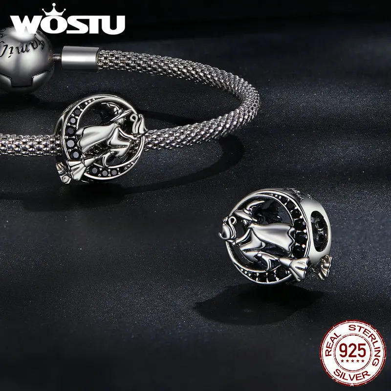 WOSTU 925 Sterling Silver Halloween Collection Red Rose Flower Skull Charms Black CZ Witch Bat Bead fit DIY Bracelet Bangle Punk 4