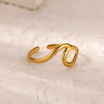 Gold Color Wave Open Rings for Women Stainless Steel Wedding Ring Aesthetic Fashion Waterproof Jewelry Gift for New Year