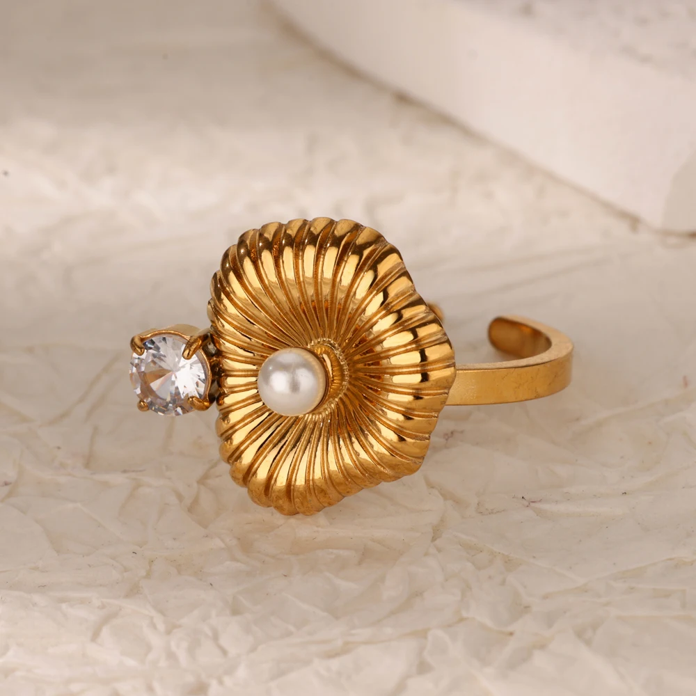 Stainless Steel White Zircon Imitation Pearl Open Rings For Women
