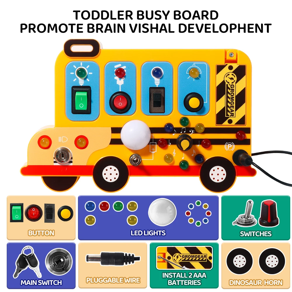 This Interactive, School-bus-themed Busy Board Learning Toy Features LED Lights, Switches, And Realistic Engine Sound_voghion.com