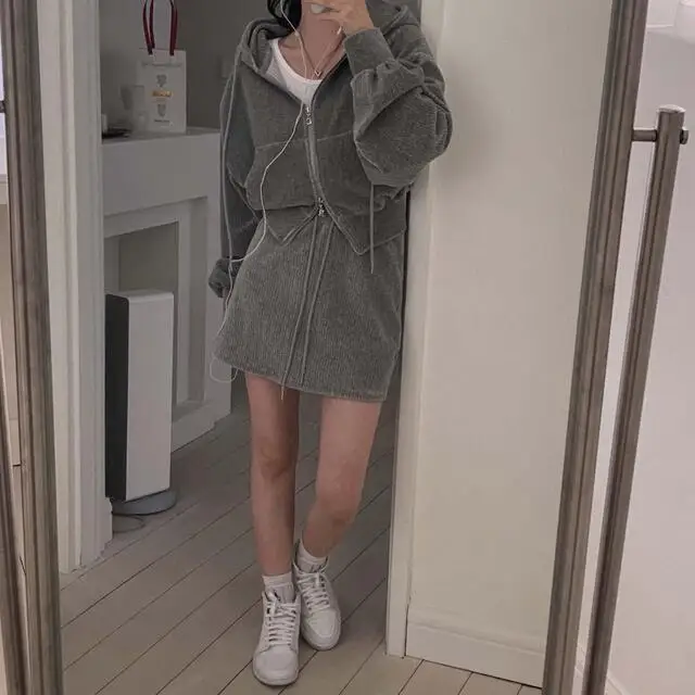 Korean CHic Corduroy Two-piece Skirt Sets Women Hoodie Crop Top Coats Bodycon Mini Skirt Autumn Winter New Outfits Casual Suit