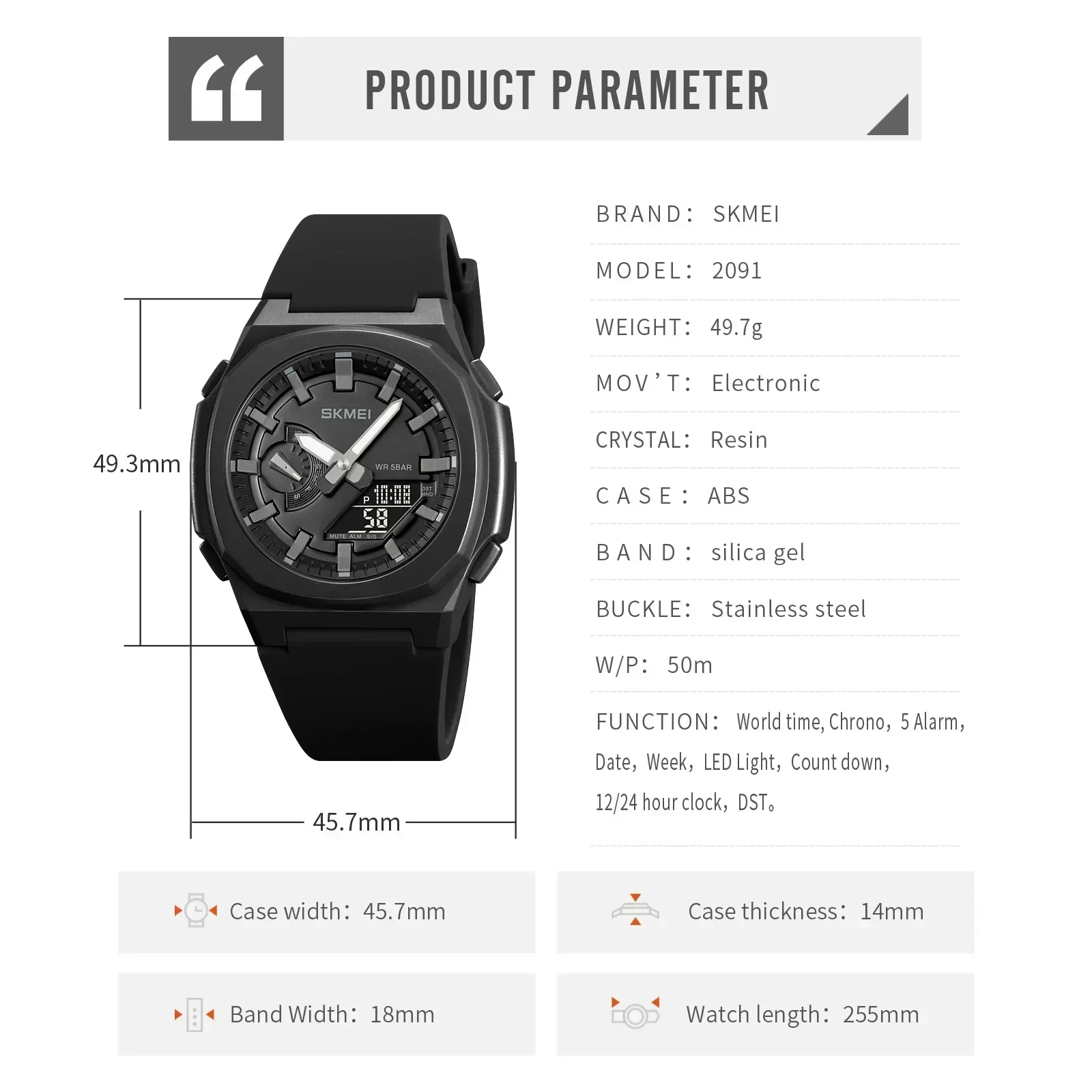 SKMEI 2091 5 Alarms Date Clock reloj hombre with Japan Digital Movement Sport Watches Waterproof Men Countdown Chrono Wriswatch 6