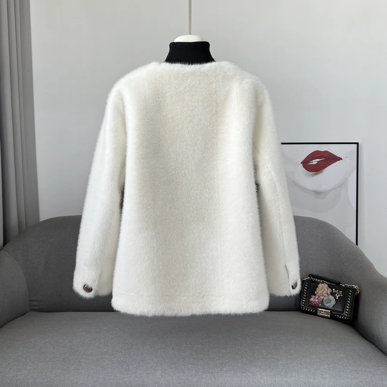 2022 New Elegant Autumn Winter Women Outerwear Fluffy Fur Jacket V-neck Double-breasted Long Sleeve Faux Mink Cashmere Coat