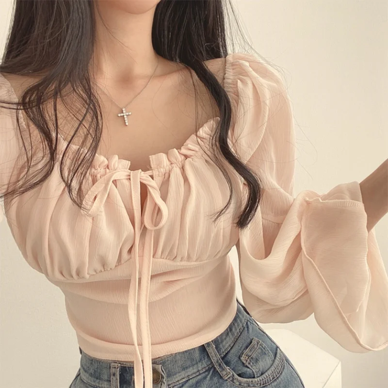 Blusas Y2K para mujer, de color liso, con cordón, lazo y volantes, de manga larga, fruncidas, tops cortos, ropa elegante de calle