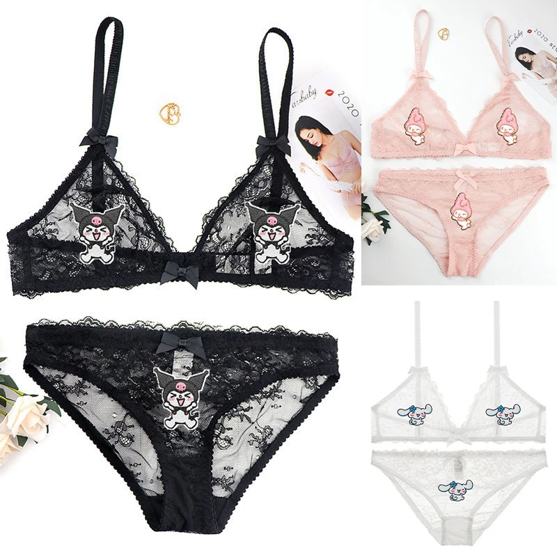 

Kuromi Anime Women Underwear Suit Kawaii French Triangle Cup Sexy Gathering Lace Traceless Cute Underwear Without Steel Ring Bra