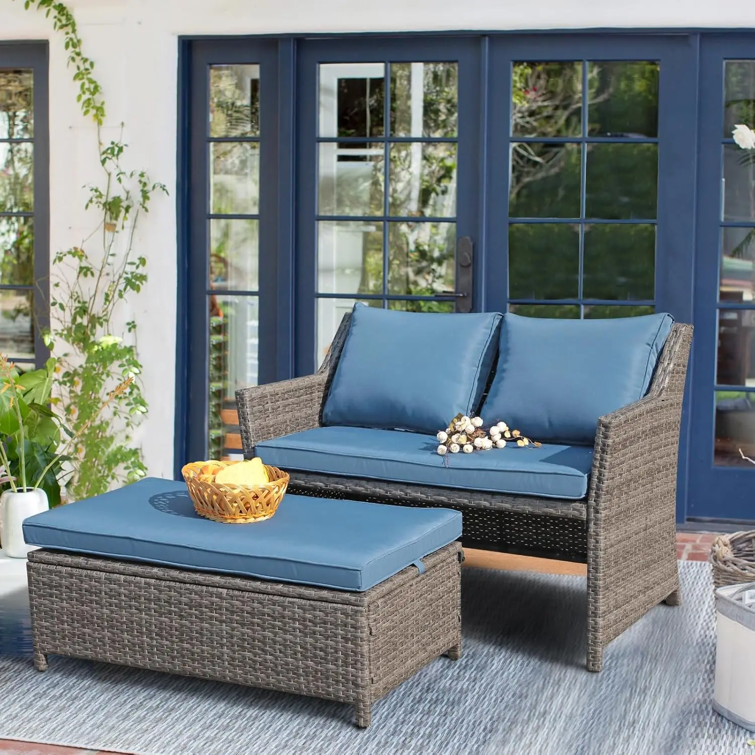 2PCS Outdoor Patio Furniture Wicker Love seat and Coffee Table Set with Built in Storage Bin Grey Rattan Navy Blue Cushions