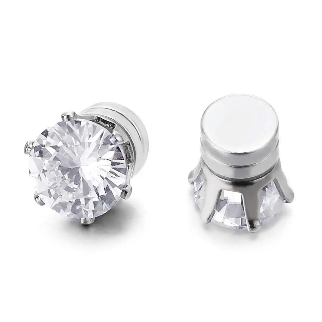 1 Pair Mens Womens Magnetic 8mm Color Cubic Zirconia Stud Earrings Steel Non-Piercing Clip On Fake Ear Piercing Jewelry