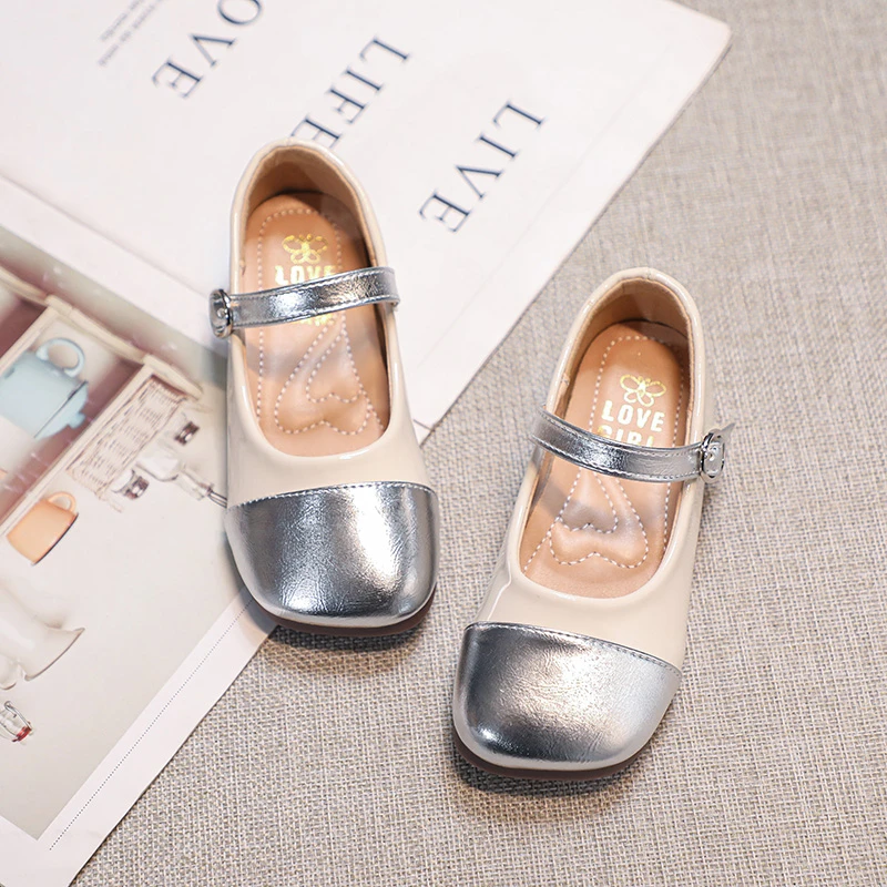 Metallic Leather Girls Ballet Flats Shoes Autumn