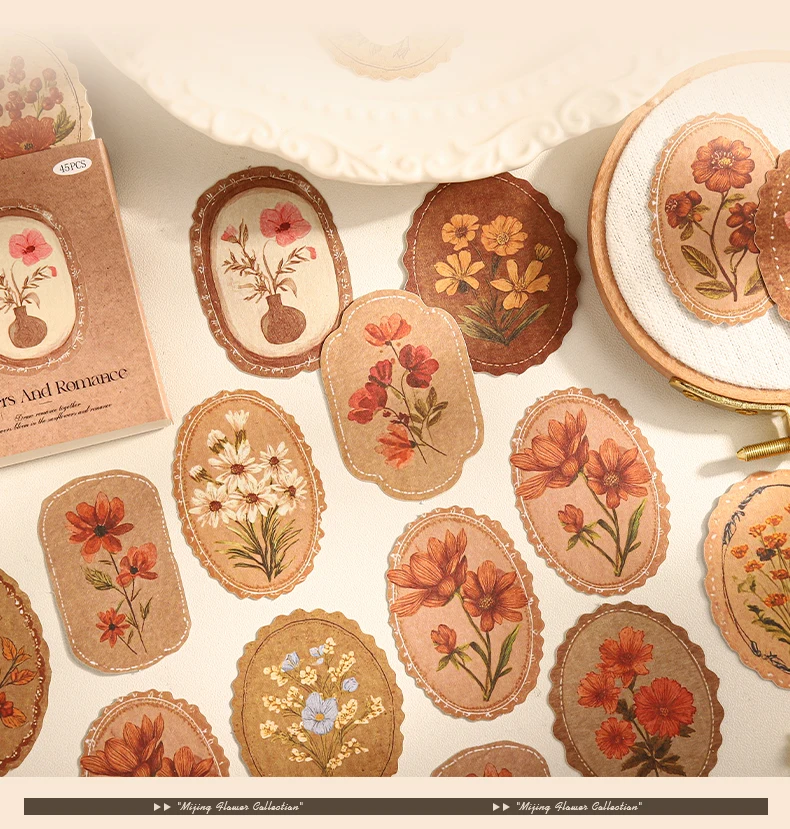 45 Sheets/Bag Floral Theme Envelope Sealing Boxed Stickers for DIY Scrapbook Background Phone Case Notebook Decoration Craft
