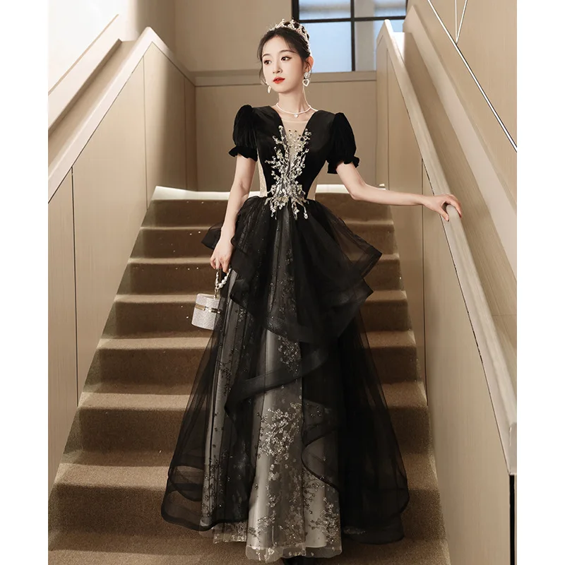 

Black Evening Dress Female 2023 New Art Exam Host Banquet Dress Temperament High-end Niche Light Luxury Socialite Summer