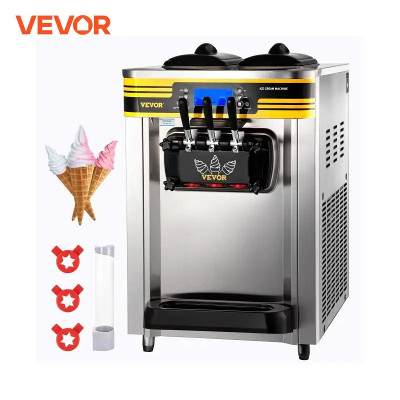 VEVOR 22-30L/H Soft Ice Cream Maker Commercial Countertop Tricolor 2+1 Flavors Sweet Cones Freezing Equipment Vending Machine.