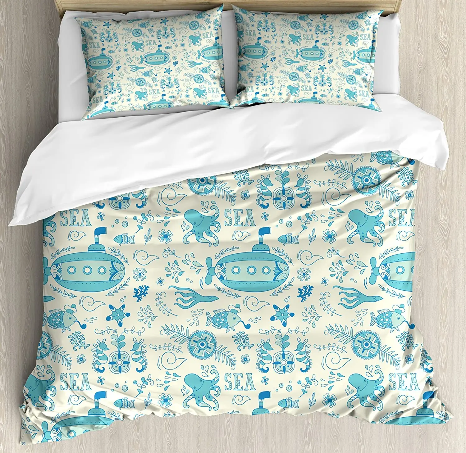 Aqua 3pcs Bedding Set Ornate Sea Adventure Pattern with Underwat Duvet Cover Bed Quilt Pillow Case Comforter |