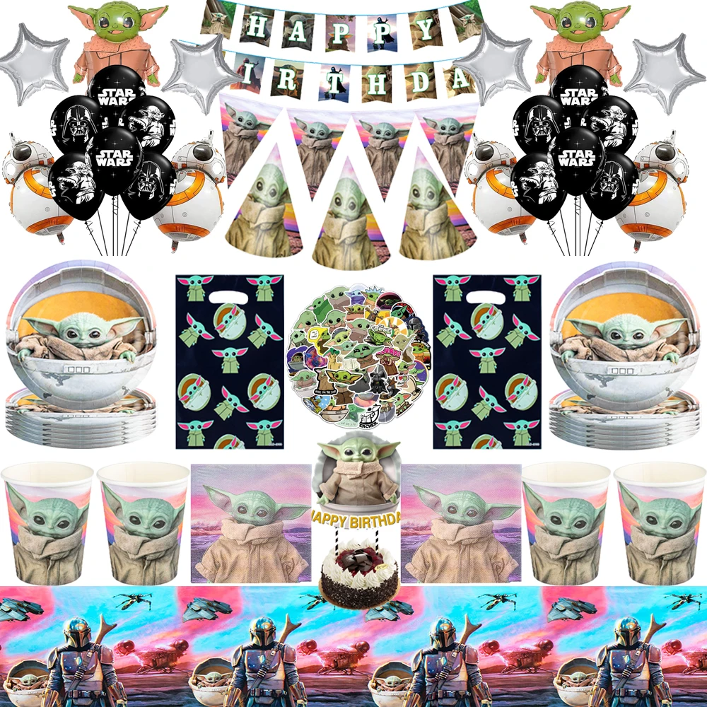 Mandalorian Baby Yoda Party Supplies Star Wars Tableware Paper Plates Cup Napkin Tablecloth Balloon Baby Shower Party Decoration bronzing five pointed star series twinkle paper plates napkin straw disposable tableware set birthday party supply decoration