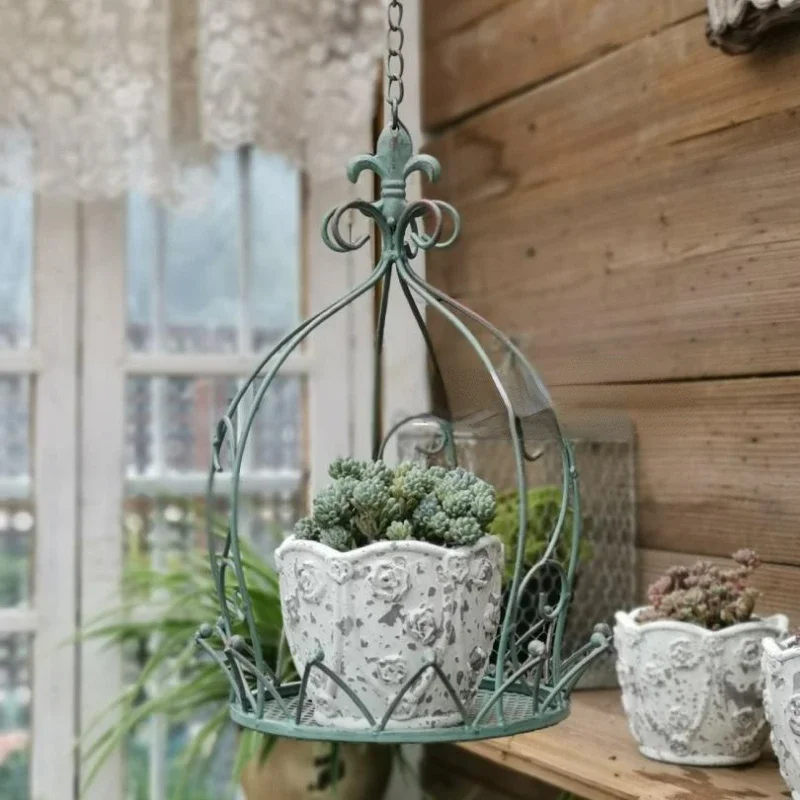 American Country Iron Art Pendurado Crown Basket, Espaço-Nivelamento Flower Rack, Jardim e Varanda Decoração, Display Planta em vaso, ao ar livre