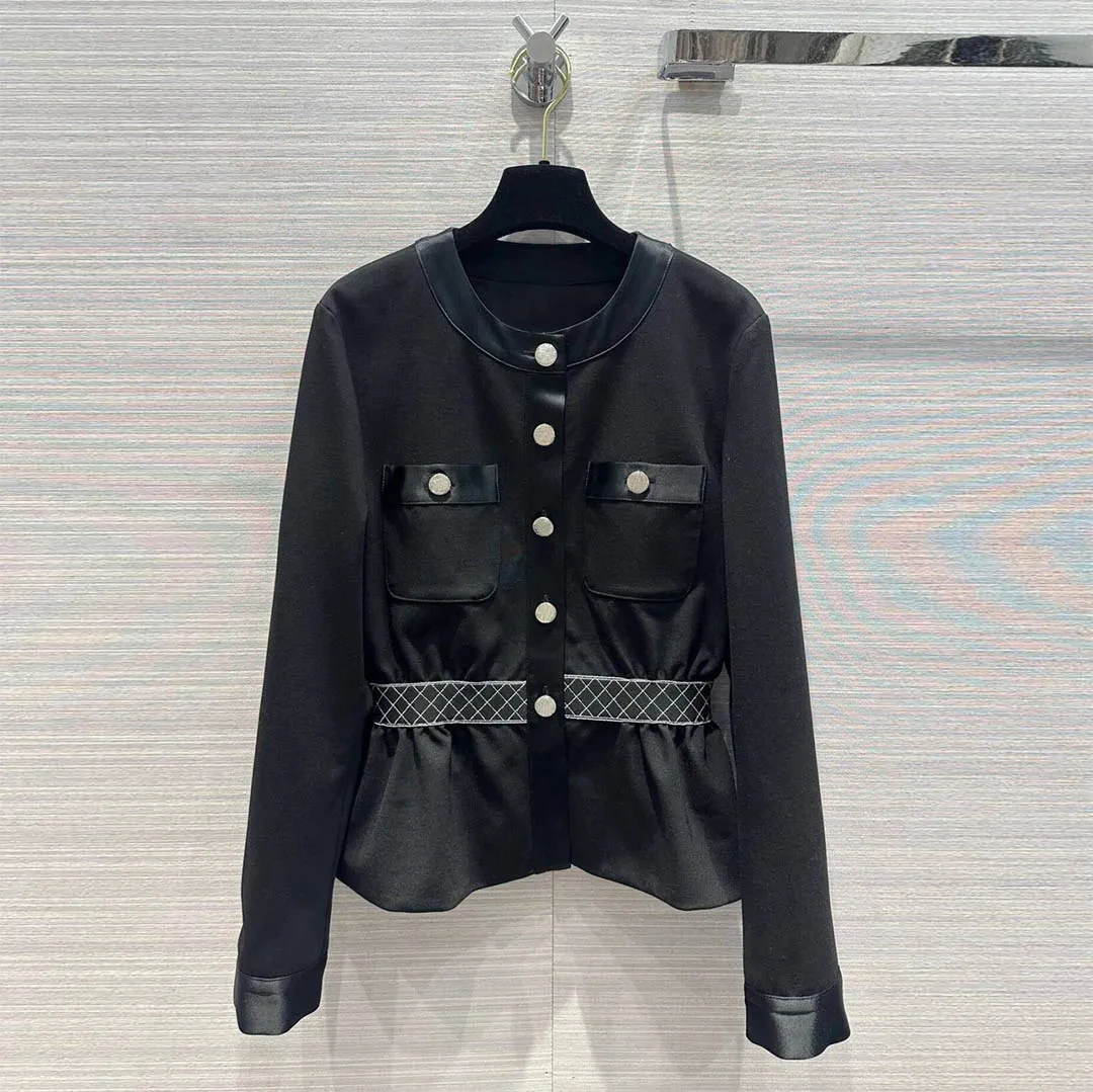 

2024 New Fashion Acetate Patchwork Pockets Argyle Elastic High Waist Slim Thin Jacket Women O-neck Long Sleeve Chic Coat