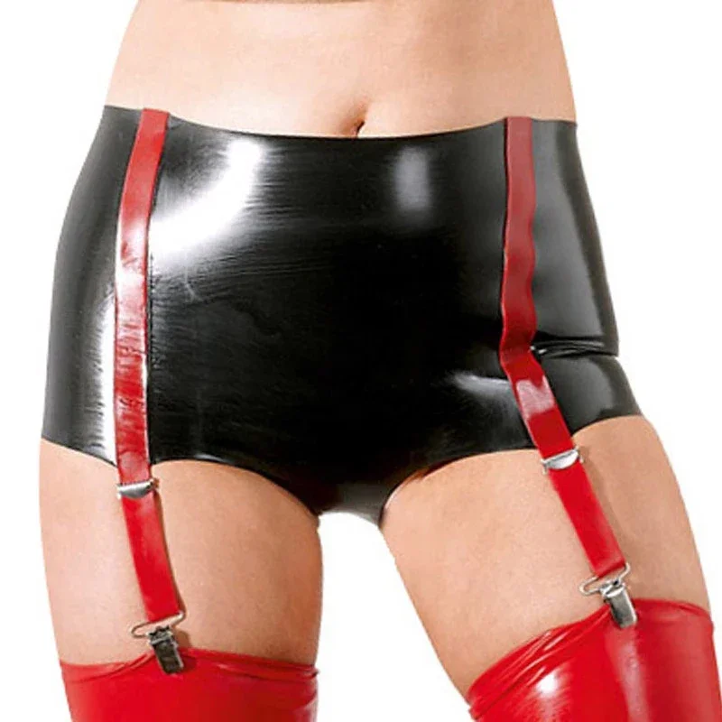 

Sexy Mini Latex Shorts Skirt Rubber Garters with Stocking Clip Black with Red for Women