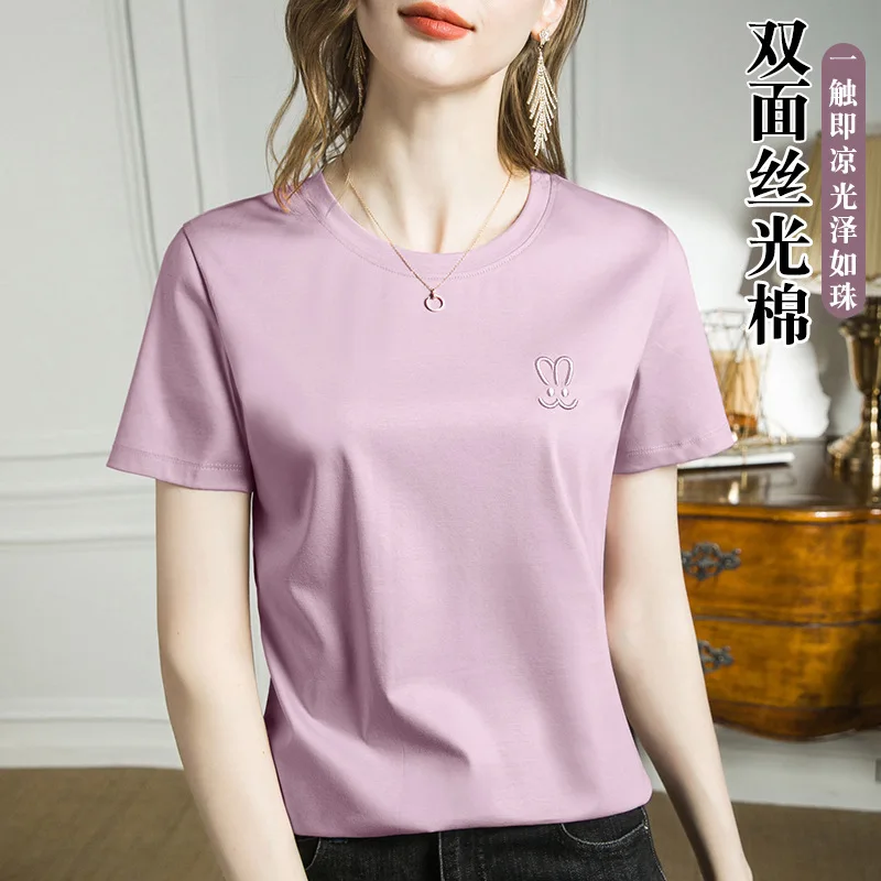

Крутая Летняя шелковая хлопковая футболка с коротким рукавом для женщин, базовая простая футболка с вышивкой, Женский Топ Y2k