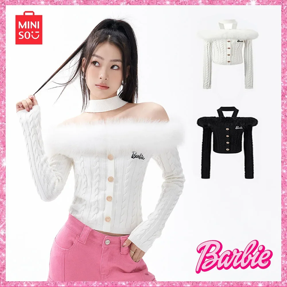 

2024 New Miniso Barbie New Pure Desire Spice Girl Plush Neck Hanging Twisted Flower One Shoulder Knit Sweet Top Gift