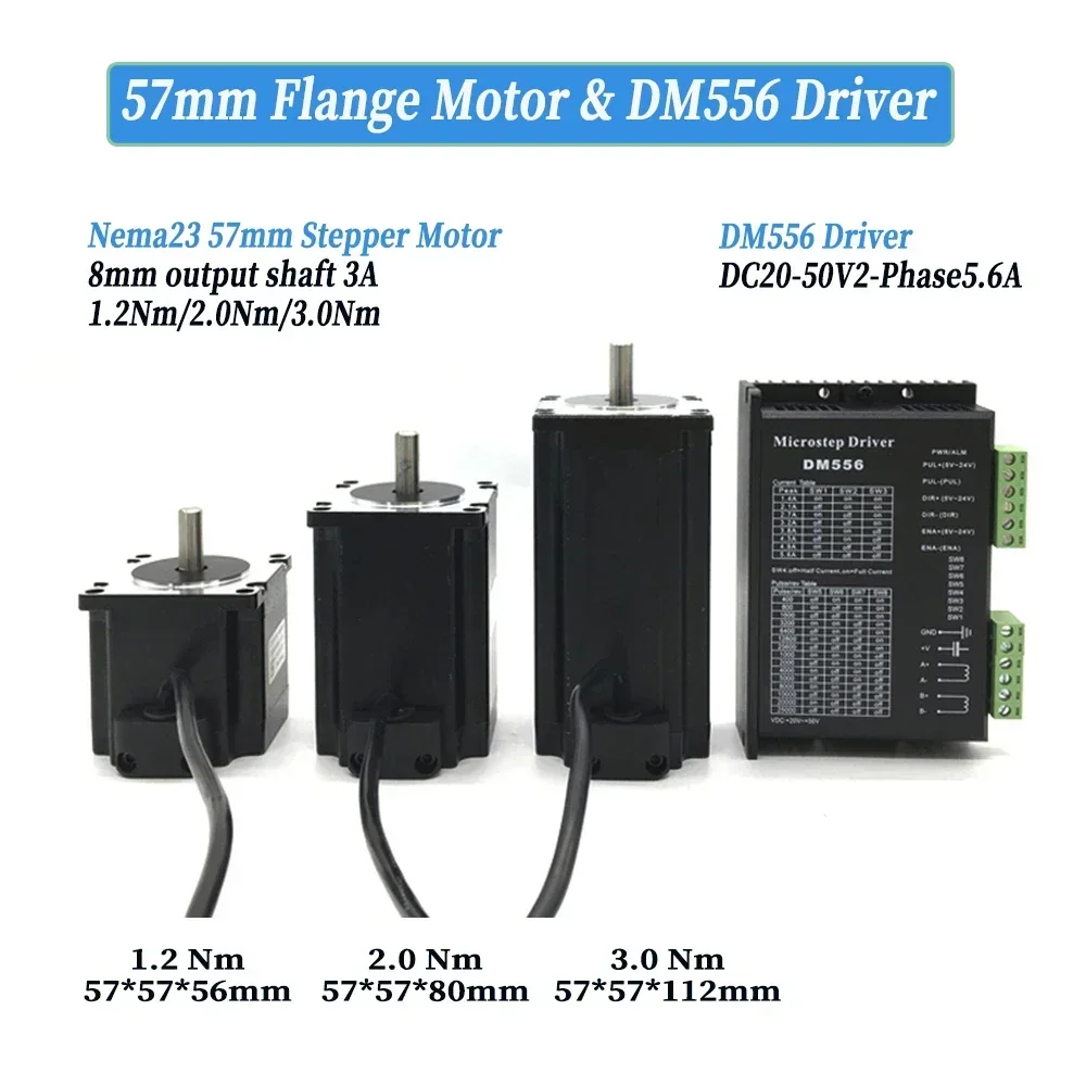 Stepper Motor Driver, Stepper Motor, Nema23 57mm Open Loop Stepper Motor 3A 2Ph 8mm Shaft 1.2-3Nm Driver Kit DM556 For CNC 3D Printer Engraving Milling Machine