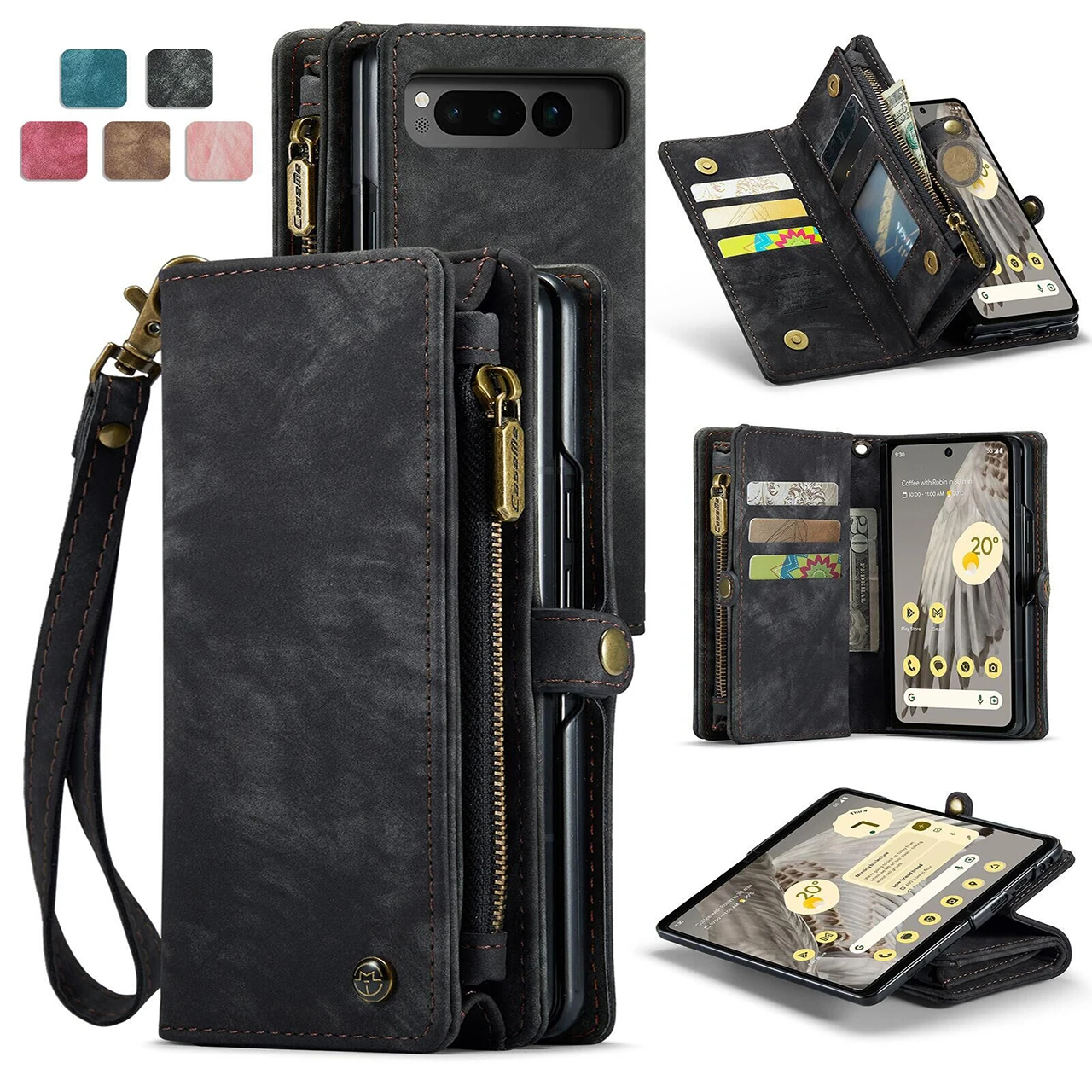 

CaseMe Leather Case for Google Pixel Fold Zipper Wallet With Lanyard 2 in 1 Design Card Slots Phone Cover