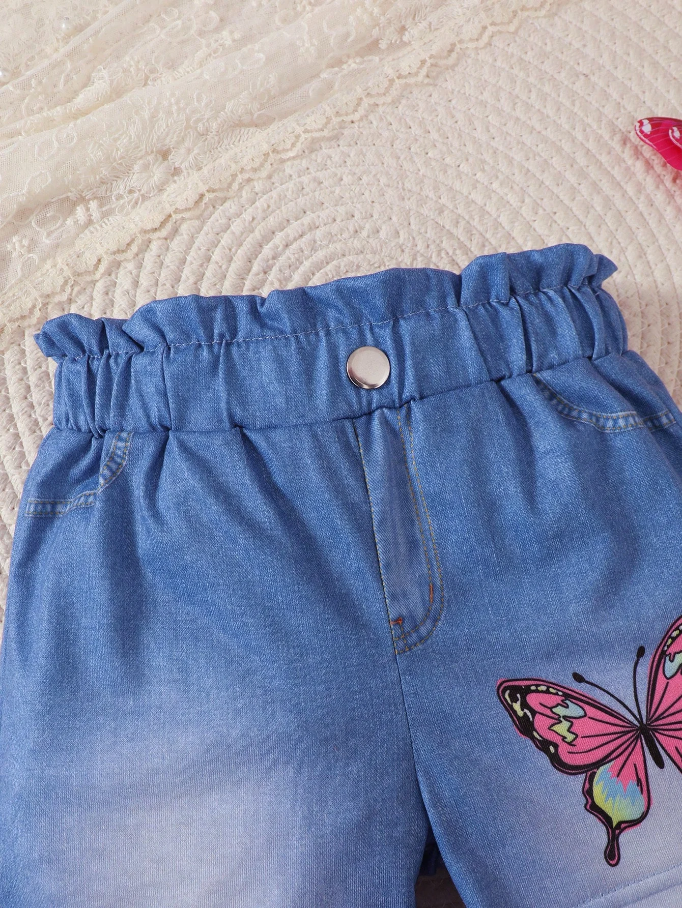 Baby Girl 2PCS Fashion Summer Outfit Set Butterfly Print Ruffle Sleeve T-Shirt + Denim Shorts for 0-3Y Newborn Casual Clothes 5