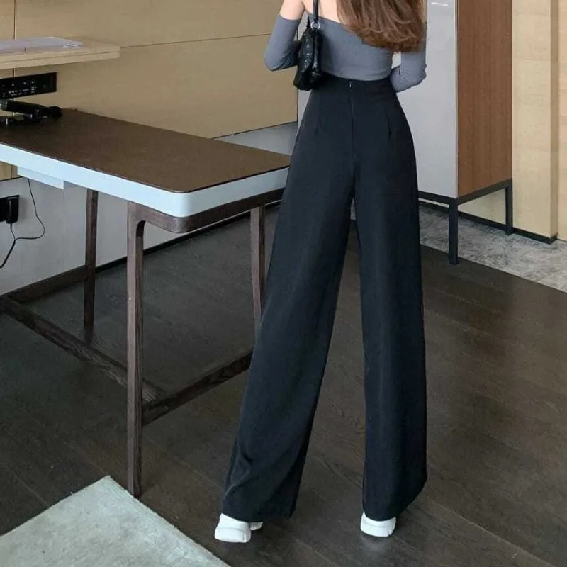 Women's Solid Color High Waisted Zipper Wide Leg Spring Autumn New Fashion Patchwork Bright Line Decoration Straight Suit Pants