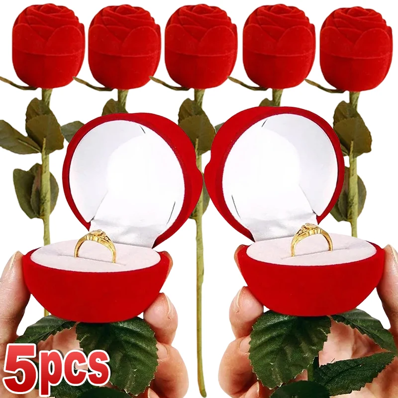 

1/5pcs Red Rose Ring Boxes Velvet Flower Jewelry Packaging Display Holder Bridal Wedding Romantic Heart Flocking Storage Case