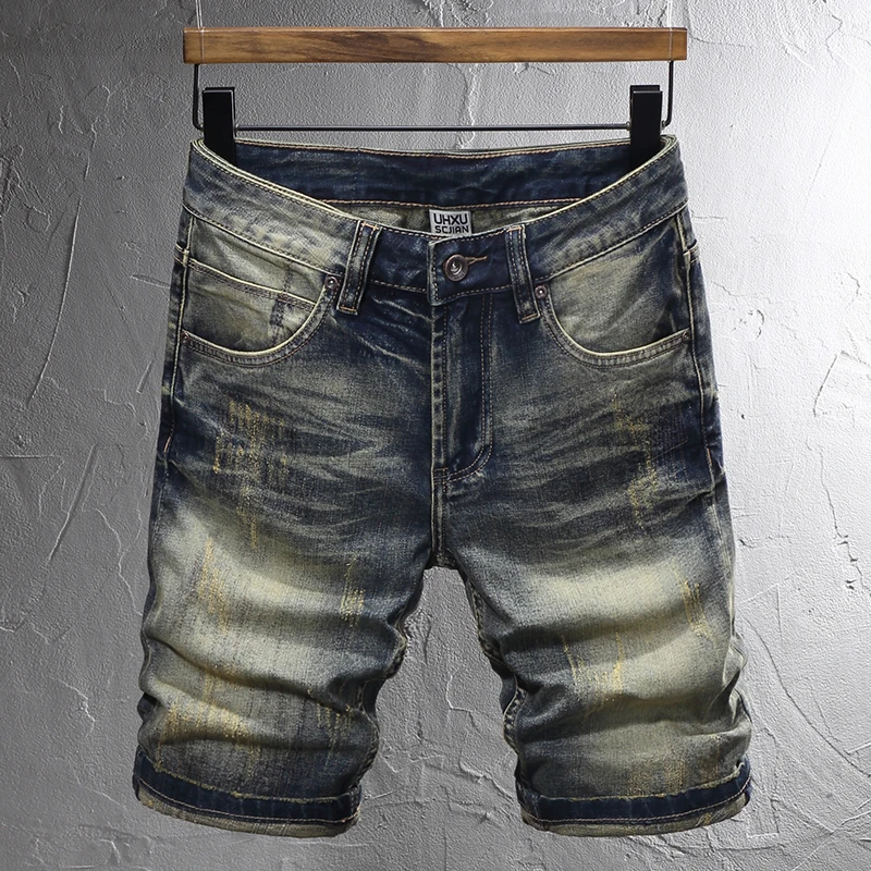 

Джинсовые шорты мужские в винтажном стиле, рваные джинсовые брюки Slim Fit в стиле ретро, потертые синие стрейчевые, повседневные дизайнерские штаны, лето