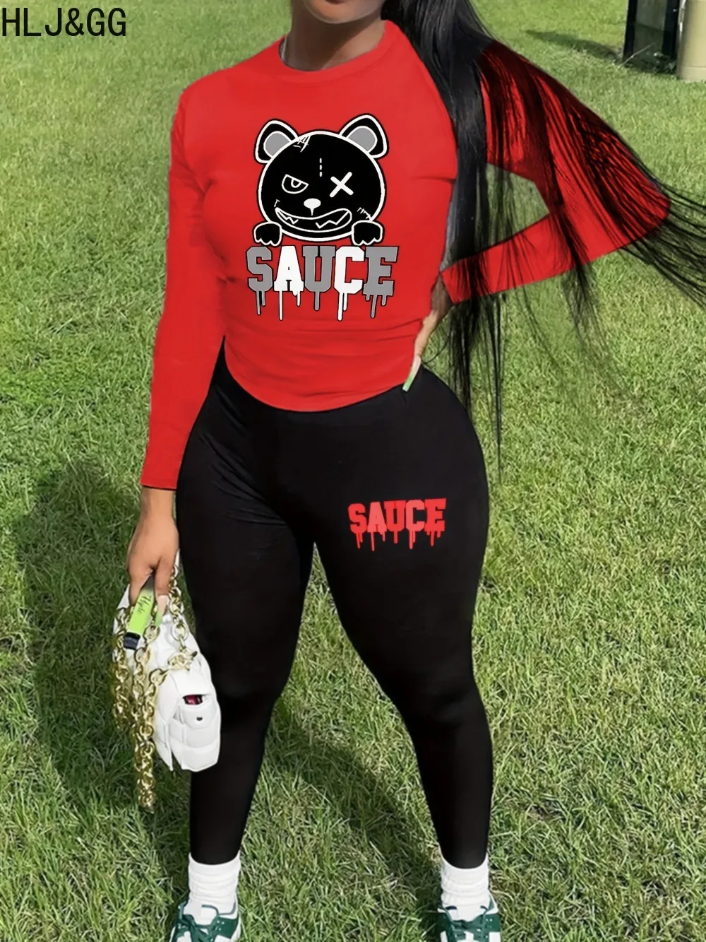 HLJ&GG Casual Pattern Print Skinny Pants Two Piece Sets Women Round Neck Long Sleeve Top+Pants Tracksuits Female Sporty Outfits