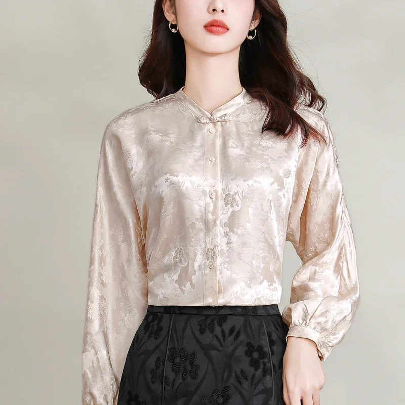 

YCMYUNYAN-Женская шелковая рубашка в китайском стиле, атласные блузки, свободная одежда с принтом, длинные рукава, цветочные женские топы, весна, лето