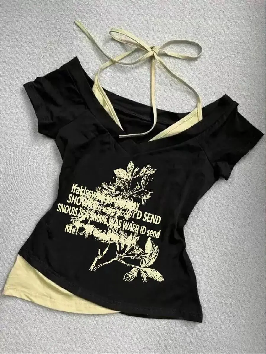 Y2k Slim Fit Print Tops Women Off Shoulder Short Sleeve Tee ShirtNeploe American Vintage Fake Two Piece Halter Lace Up T-shirts