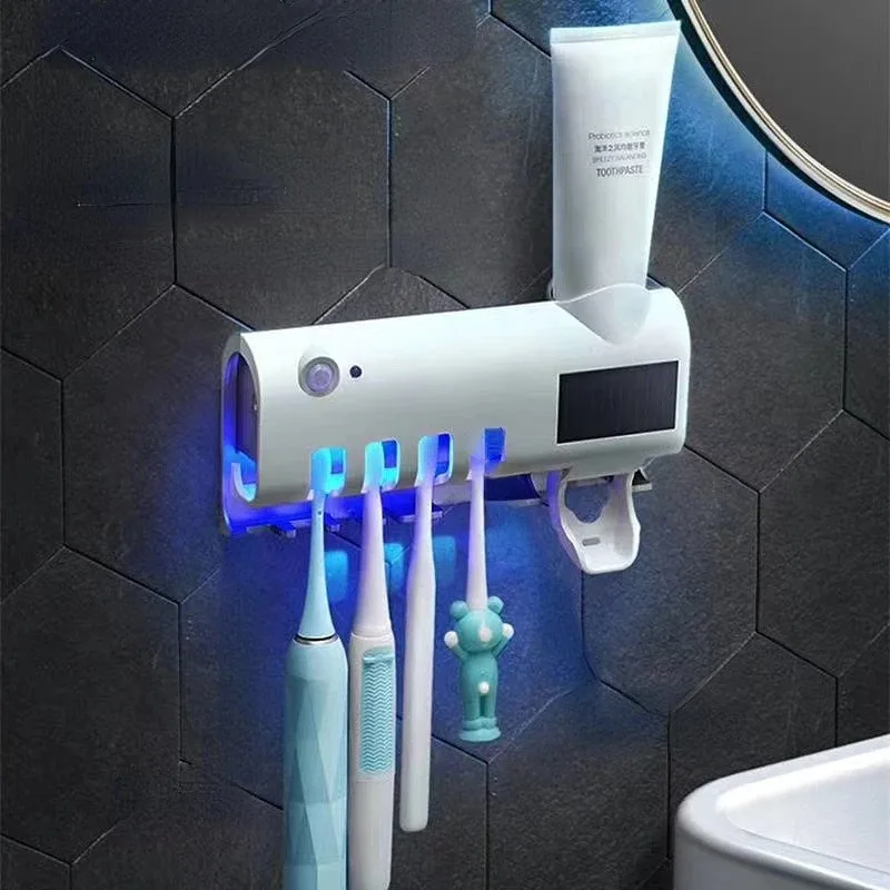 Toothpaste Dispenser Holder Automatic Toothbrush Set Dustproof Sticky Suction Wall Mounted Squeezer for Bathroom