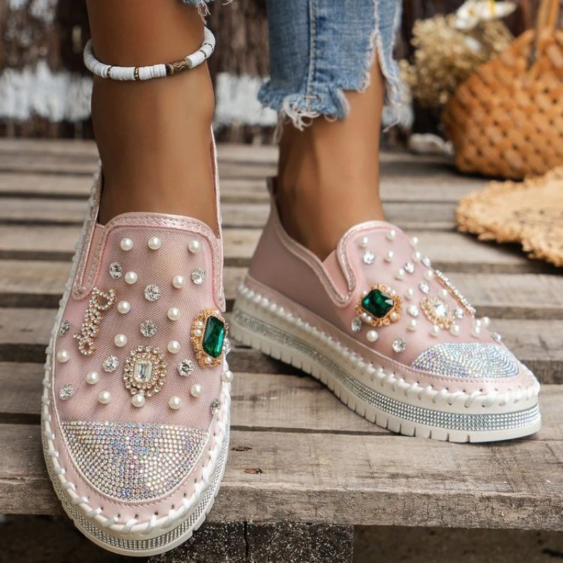 

2024 Designer Sneakers Women Casual Flats Daliy Wear Tênis Pearls Rhinestone Decor Ladies Footwear Zapatos De Mujer Zapatillas