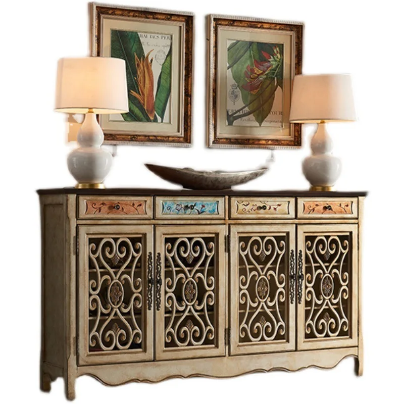 

American champagne colored solid wood storage shoe cabinet in the foyer
