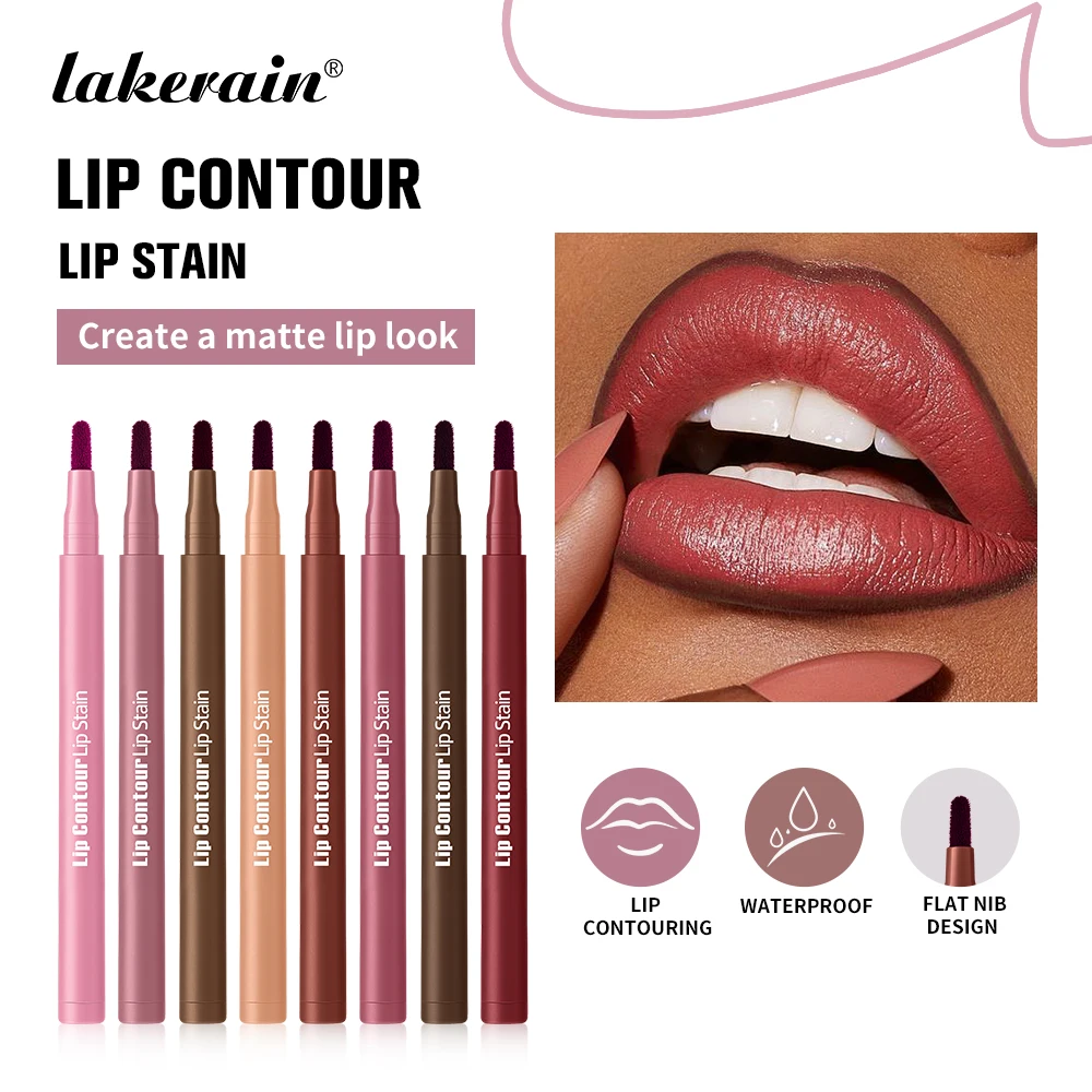 2-in-1 Lip Contour Lip Stain Pen Smudge-proof Non-stick Cup Moisturizing Makeup Cosmetic Dual-Sided Tip Stain & Liner