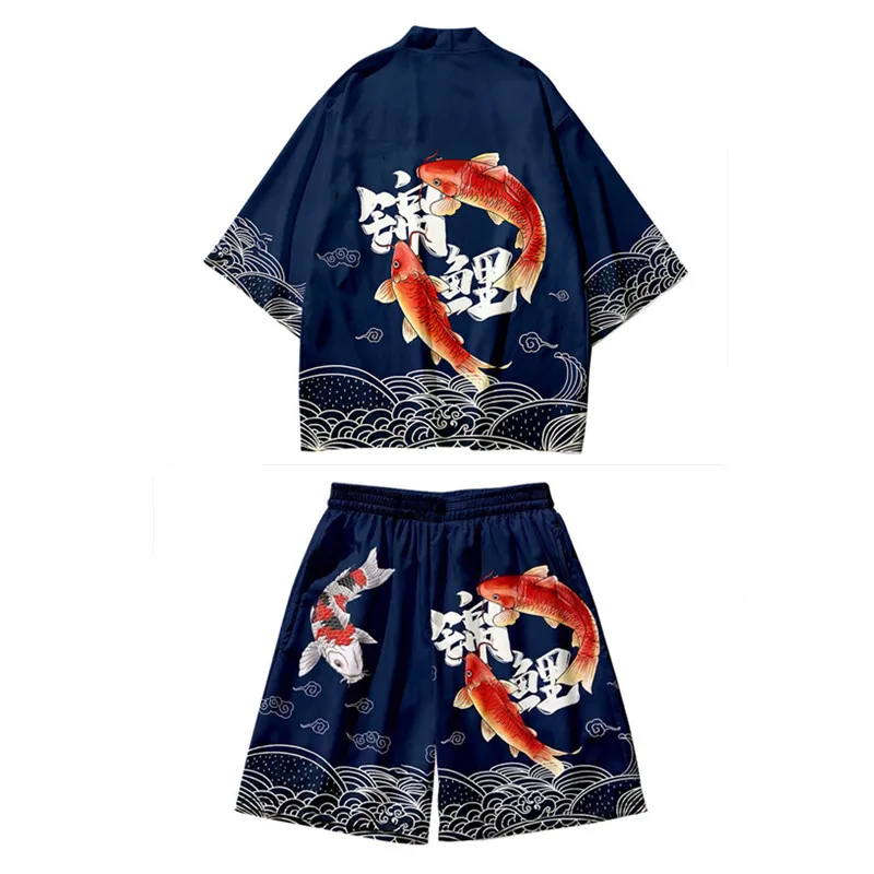 Two-piece Suit Kanagawa Wave Print Haori Yukata Trendy Popular Kimono and Shorts Sets Summer Japanese Cardigan Girls Boys Shirt
