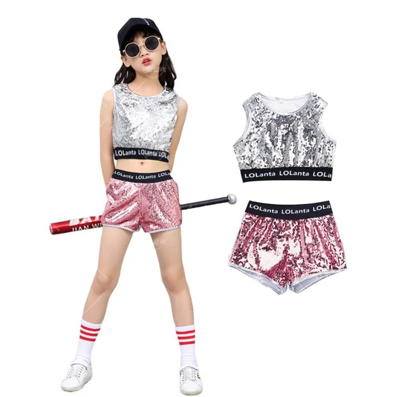 Girls girl dance costume children costumes pink sequin crop tops shorts jacket dancewear costume hip hop modern jazz dance stage performance wear
