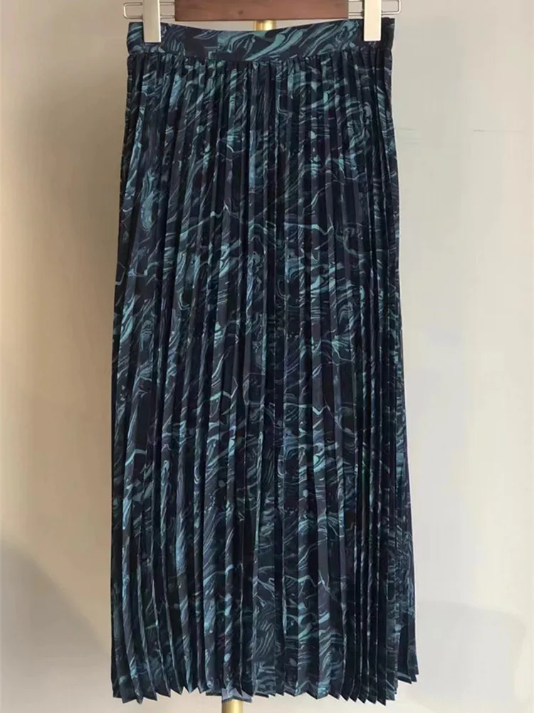 

2 Colors Women Tie Dye Printed Pleated Skirt 2024 Spring Summer Ladies Vintage Midi Jupe