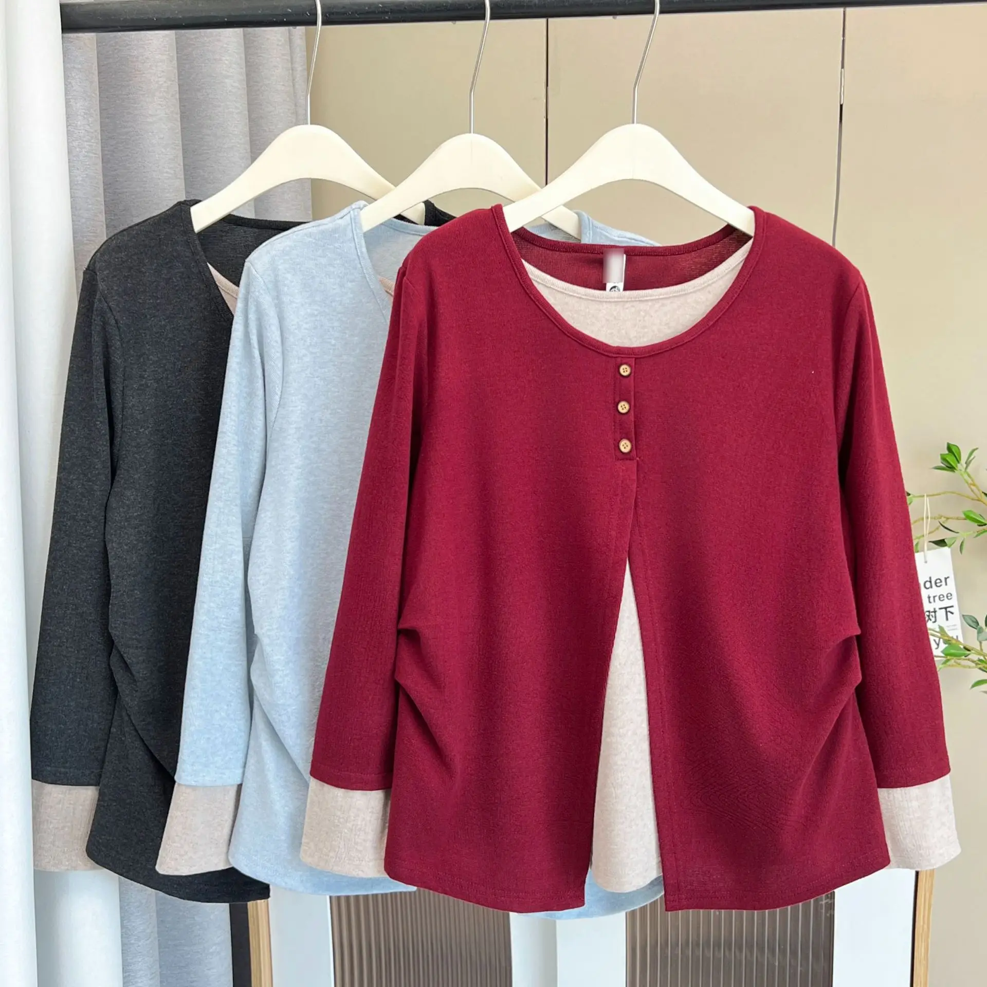 Fashion Plus Size Women's T-Shirt Autumn New Stylish round-neck Long Sleeve Fake Two Pieces Casual Tops 978