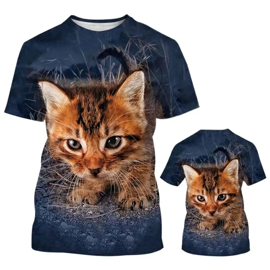 

Refreshing Summer Men's Short Sleeve Animal Series Cute Cat 3D Print Large Loose Casual Round Neck T-shirt Lightweight Breathabl