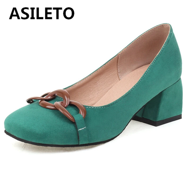 

ASILETO Lady Pumps Round Toe Chunky Heels Slip On Metal Decoration Plus Size 30-48 Solid Black Blue Purple Casual Spring S3093