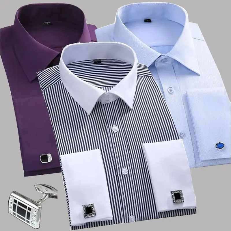 6XL Men's Shirt Long Sleeve Spring Summer French Button Formal Striped Business Casual Large Size High Quality No Ironing