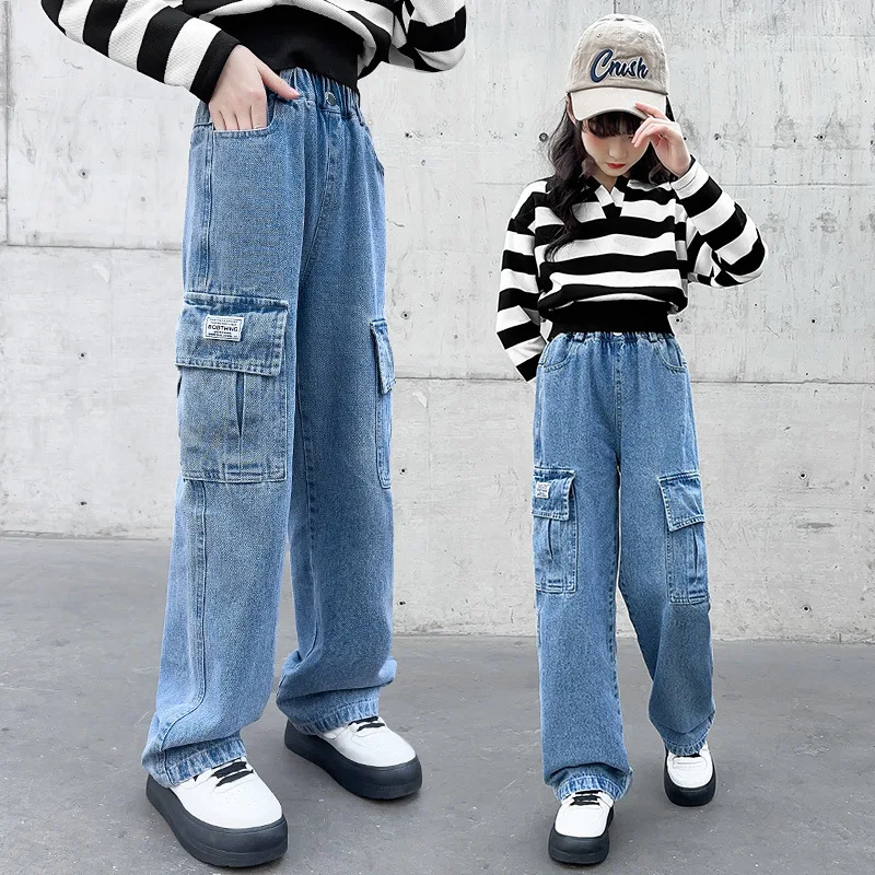 Fashion Cargo Jeans for Girls Spring 2024 Blue Pocket Design