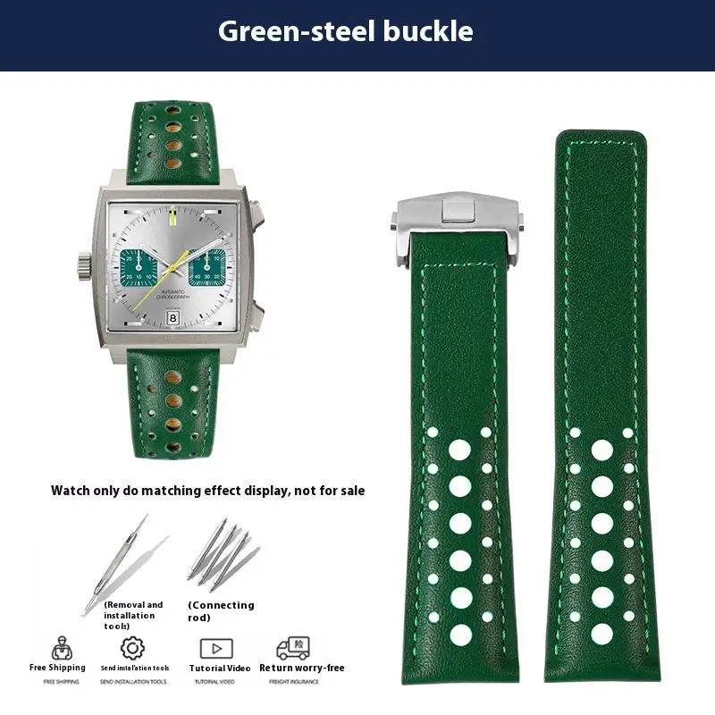 Men's Soft Genuine Cowhide Leather Watchband with Folding Buckle - 22mm, Compatible with Tag Heuer Monaco Series
